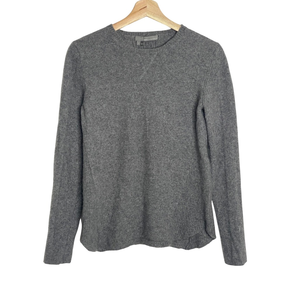 360 Cashmere Gray Crew Neck Ribbed Sleeve Back Detail Sweater Womens Large